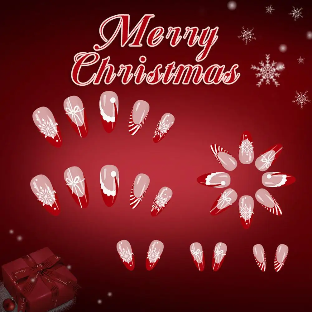 Armadura navideña, 24 Uds., dibujos animados navideños en 3D, prensa en las uñas, lindo Papá Noel/flocos de nieve, cobertura completa, uñas postizas de Año Nuevo