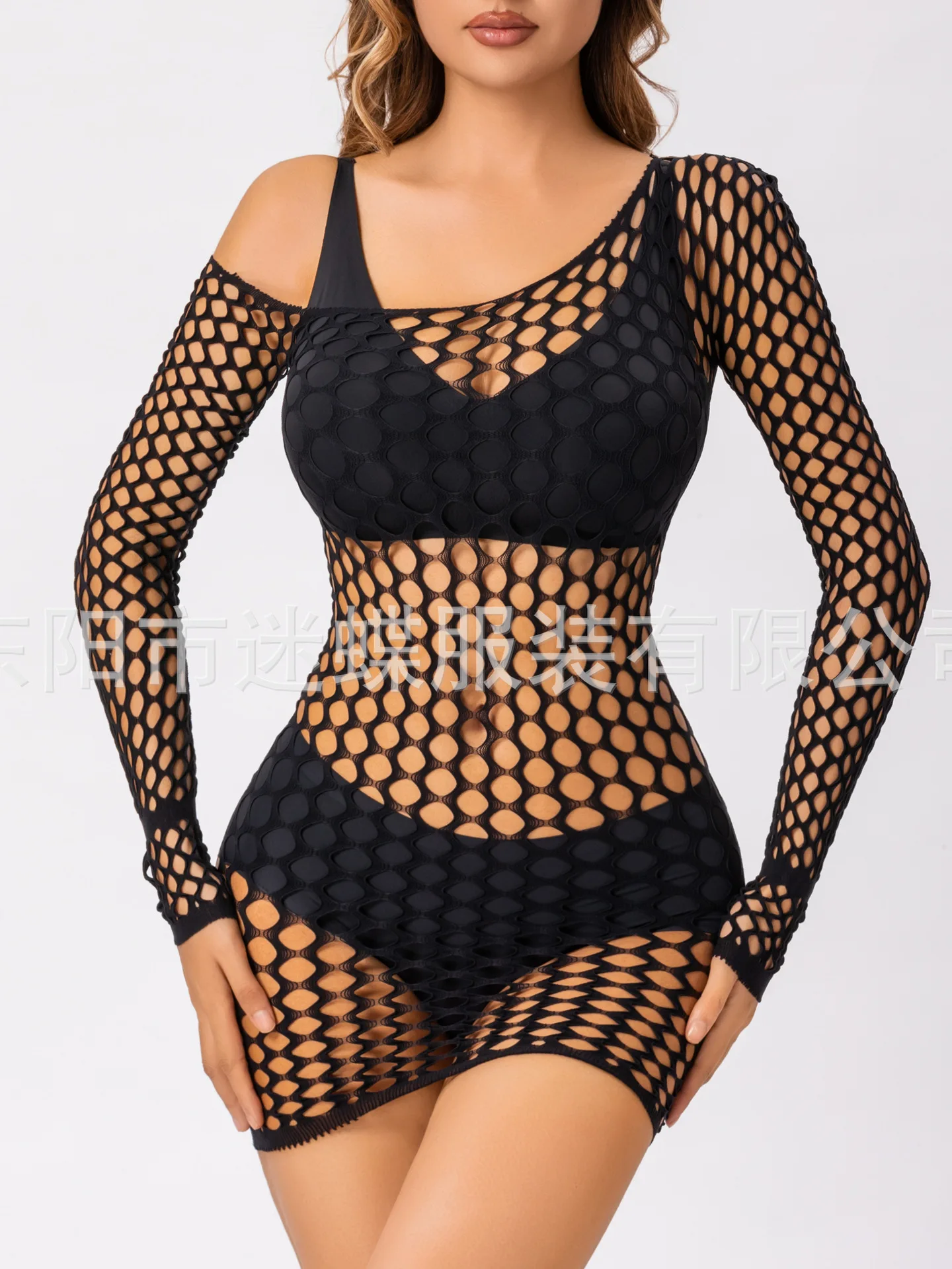 Mesh Grid Lace Long Sleeve Sexy Hollow Out Mesh Dress Elegant Fashion Hot Sexy Women Mini Dress 2024 New Tops R7YV