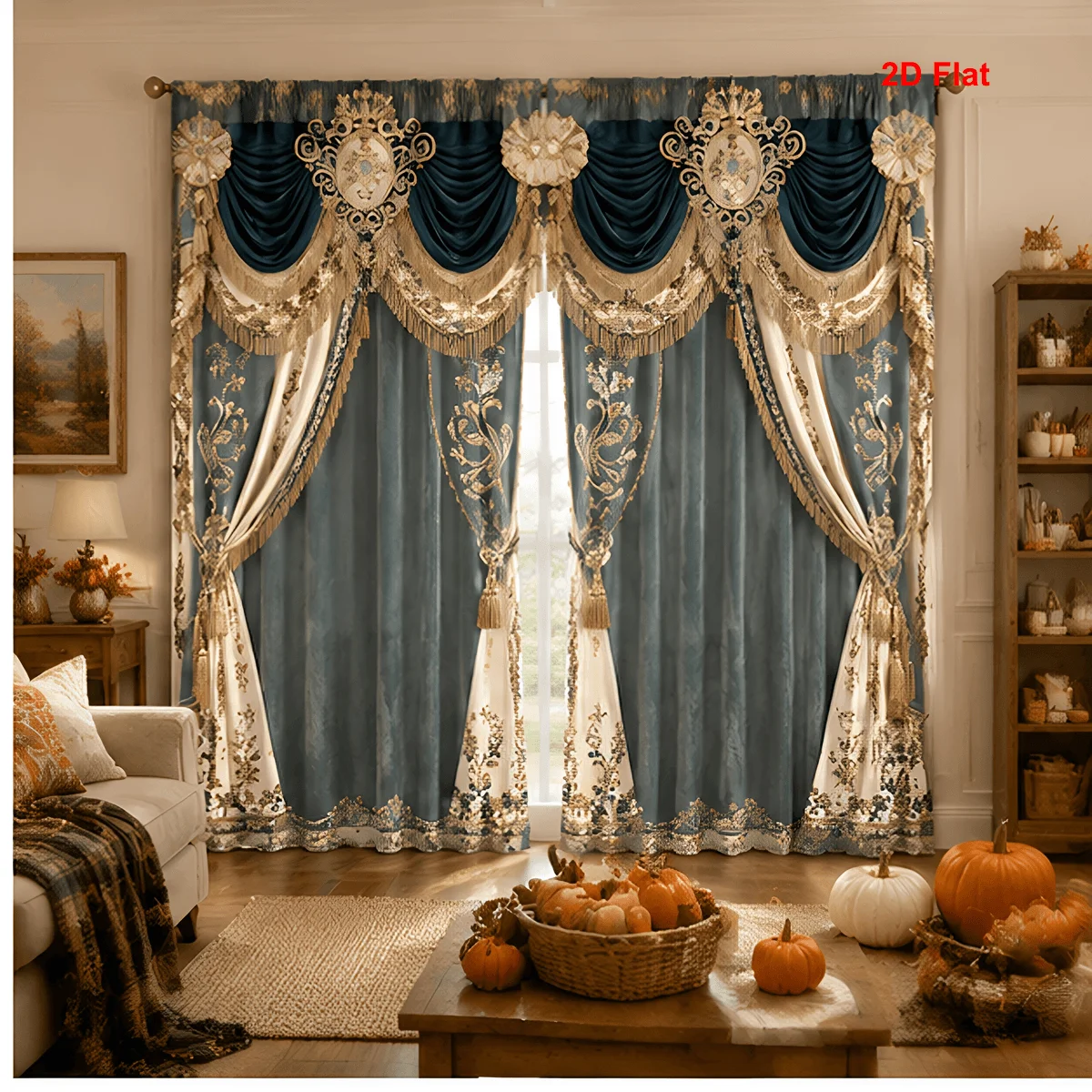 2D flat, 2-piece set, luxurious retro flower curtains,blue elegant court style,suitable for bedroom living room home decoration.