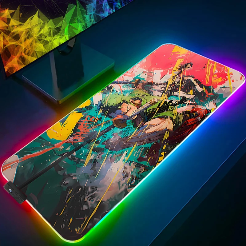 

RGB Mouse Pad one Piece Zoro Anime Carpe Large PC Gamer Computer LED Mausepad Keyboard Gaming Accessories Backlight Desk Mat