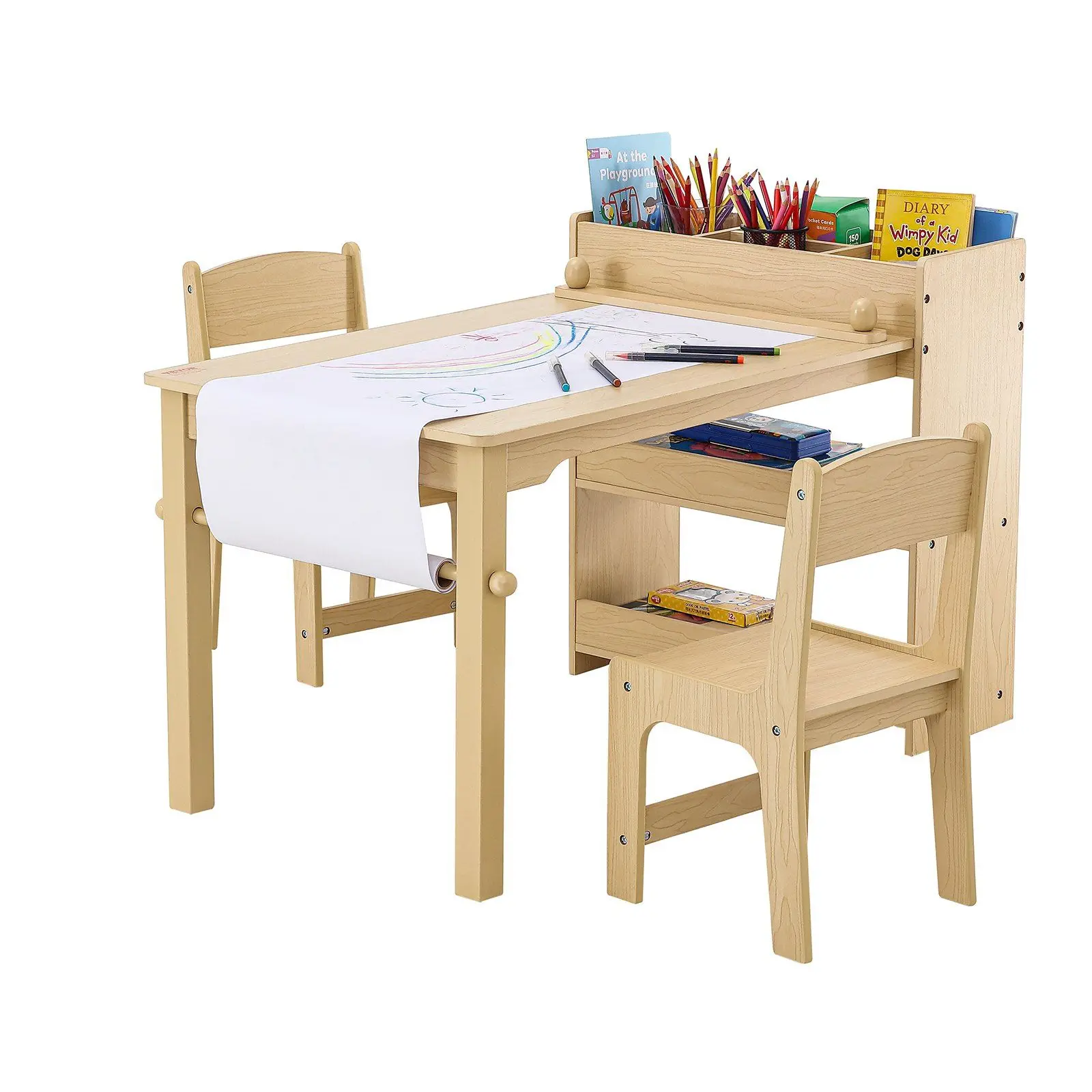 Kids Art Table and 2 Chairs, 2-in-1 Toddler Craft and Play Activity Table, Wood Toddler Table and Chair Set with A Cabinet