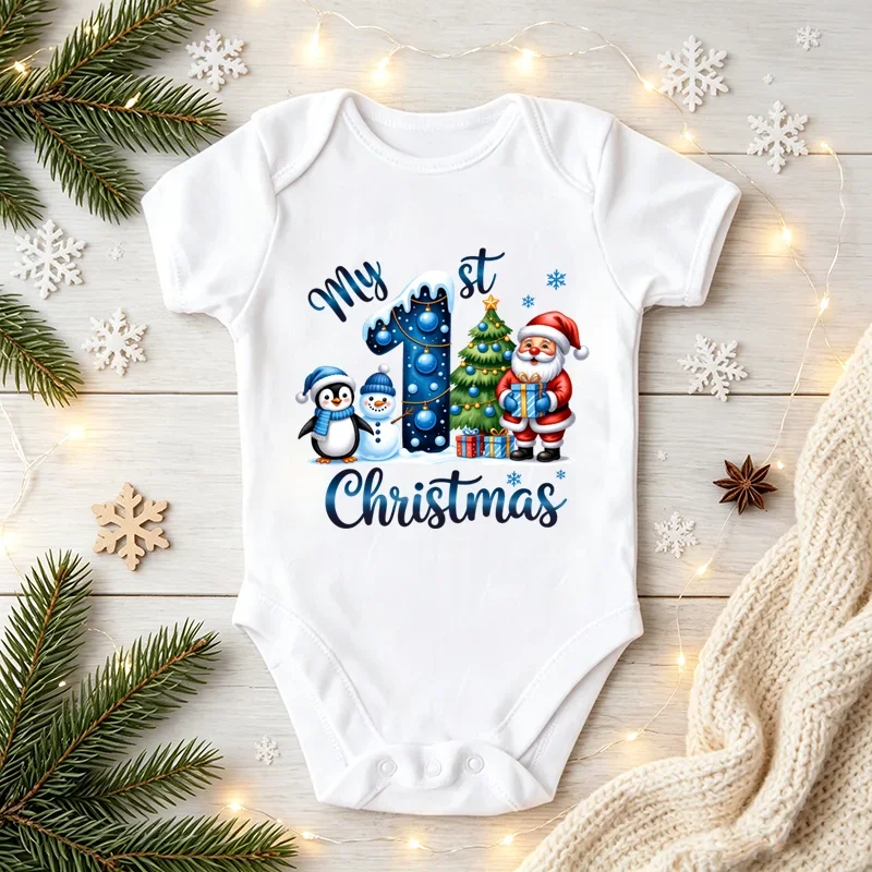 My 1st Christmas Baby Bodysuit Newborn Short Sleeve Onesie Santa Penguin Snowman Print Infant Xmas Romper Baby Christmas Outfit