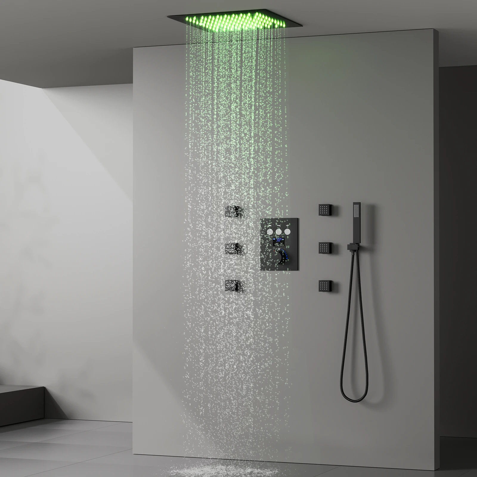 Thermostat 64 LED Color Rain Shower System 3 Function Buttons Digital Display Shower Valves Faucet Set