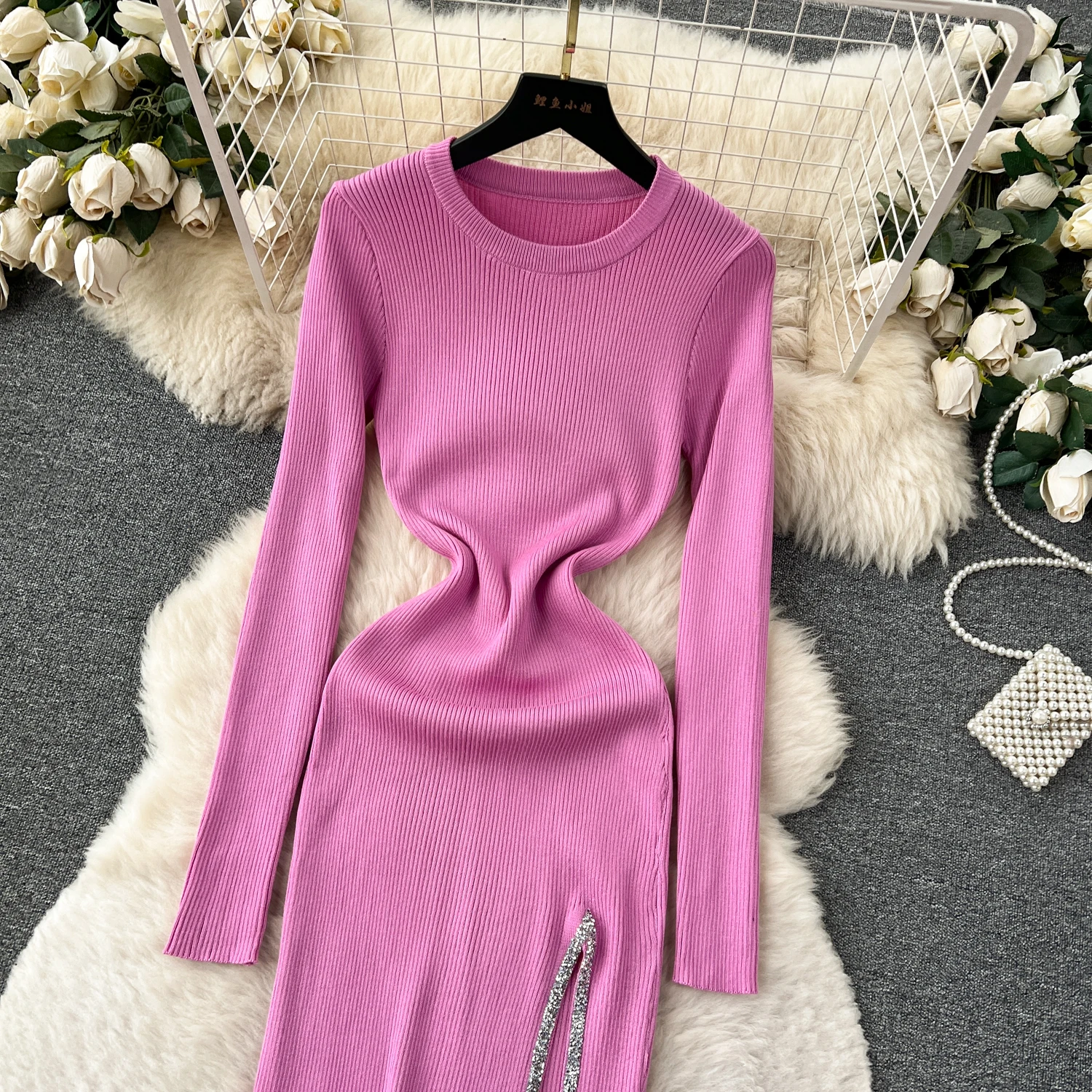 Women Chic Elegant Solid O Neck Long Sleeve Bodycon Split Dress Sexy Fashion Knit Elastic Slim Hip Wrap Sweater Dress