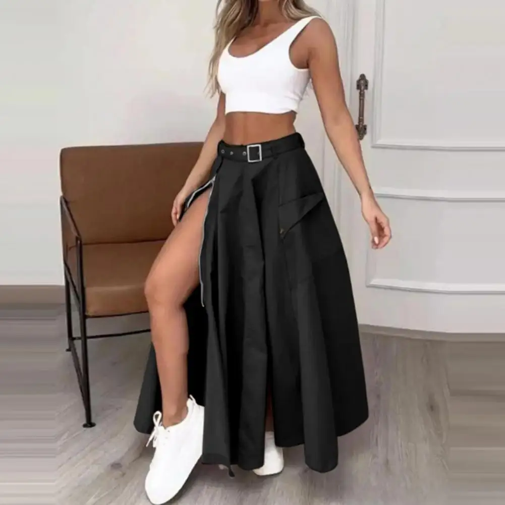 2Pcs/Set Women Vest Skirt Set Round Neck Sleeveless Tank Tops High Waist Side Slit Pockets Design Maxi Skirt Set Casual Suit