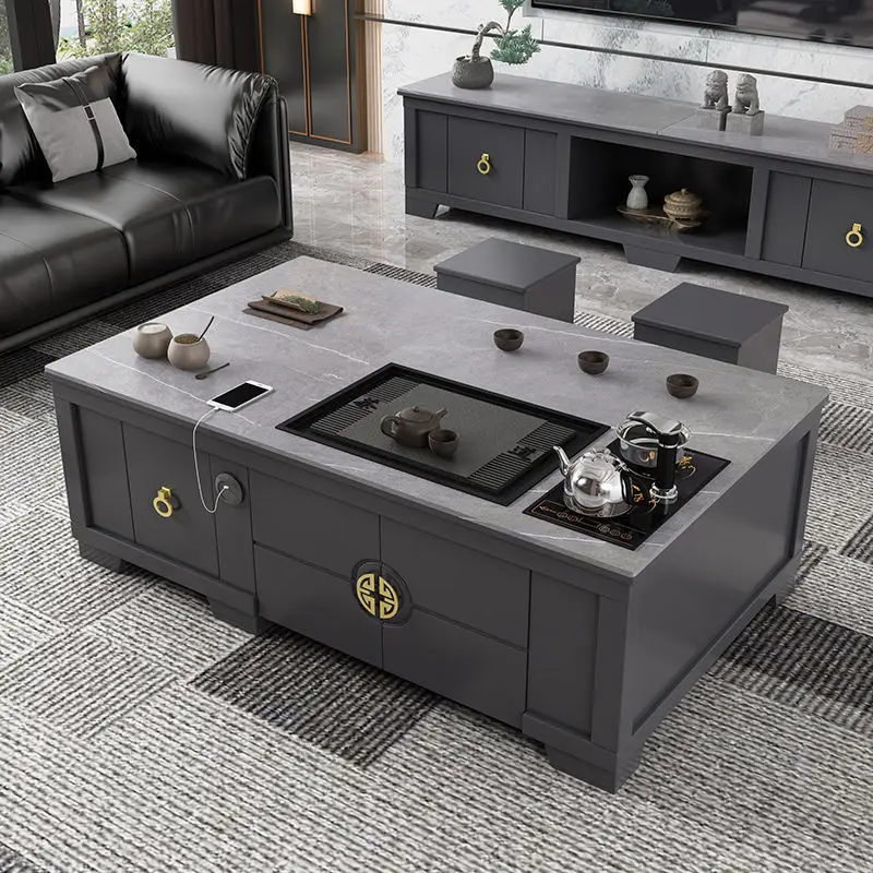 New Chinese rock slab Kung Fu tea table small apartment integrated multi-functional table and chair
