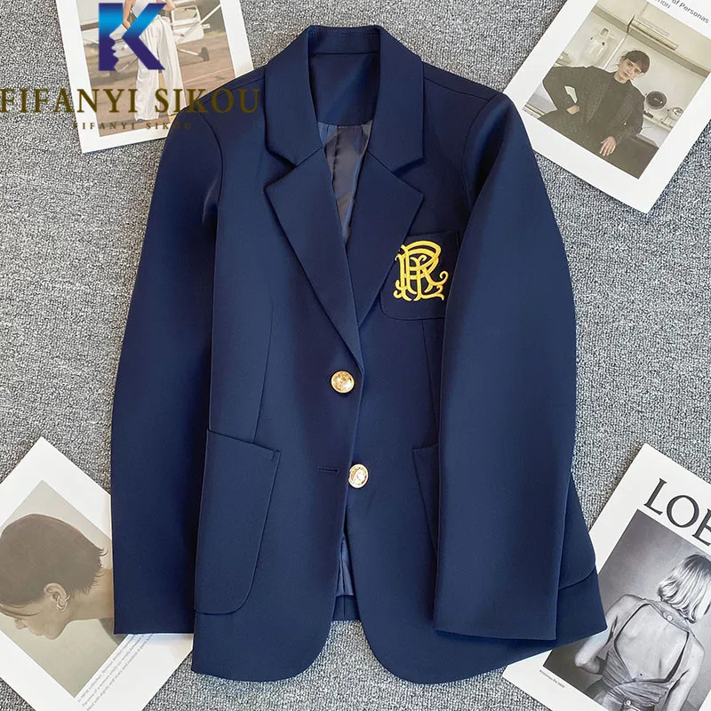 Giacca da giacca blu Navy giacca da donna monopetto tasca ricamata moda abito giacca da donna Casual ufficio Blazer formale cappotto