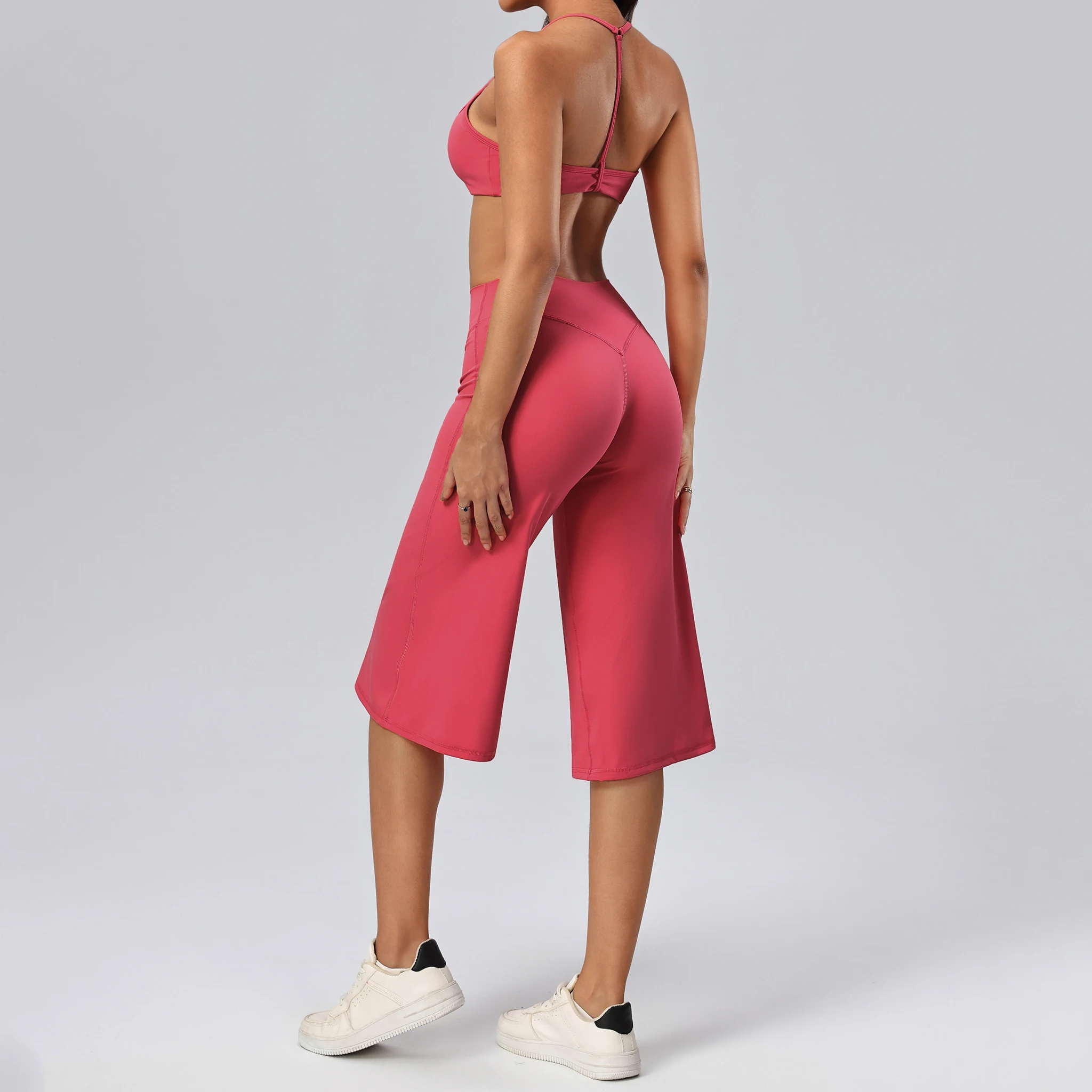 Hearuisavy Women's 2Pcs Fitness Set High Waist Wide Leg Sports Capri Pants Cropped Length Ruched Front Yoga Bra Gym Workout Top