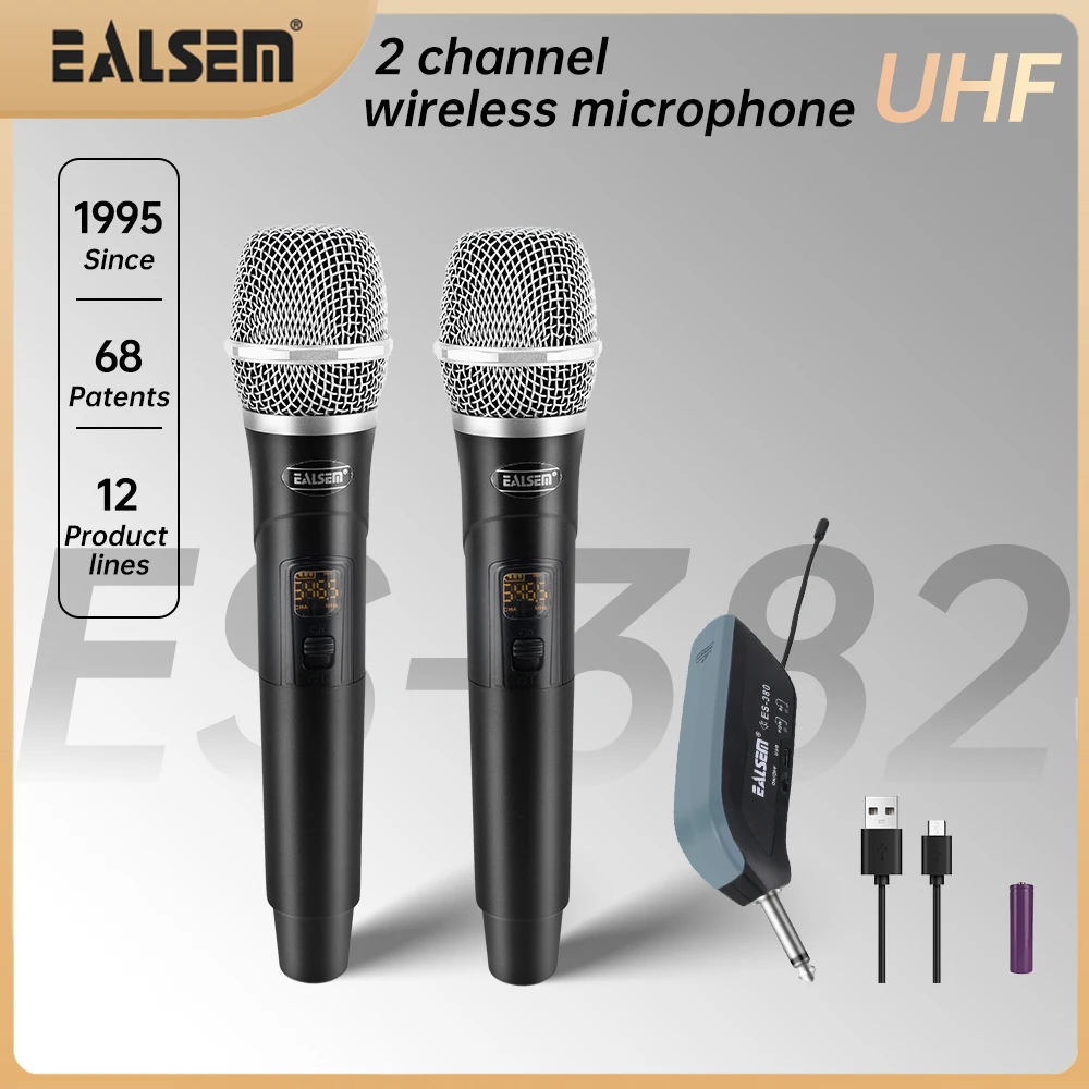 

EALSEM 2 Channel Wireless Microphone UHF Dual Handheld Dynamic Karaoke Mic System 60m for Stage Church Party School PA Speaker