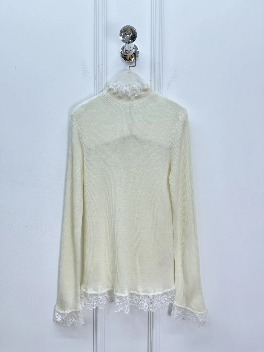 Women's Wool Cashmere Blend Sweater Lace Embroidery Half High Collar Long Sleeve Elegant Slim Knitted Pullover