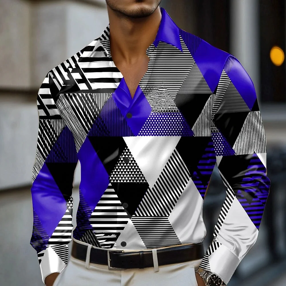 Men's Geometric Print Long Sleeve Casual Shirt with Lapel Buttons Fashionable High-Quality Fabric Street Wear Shirt
