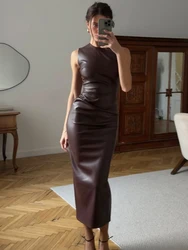 Trendix PU Elegant Maxi Dress For Women's Bodycon Pleated Sleeveless Long Dresses Vacation Casual Street High Waist Party Dress
