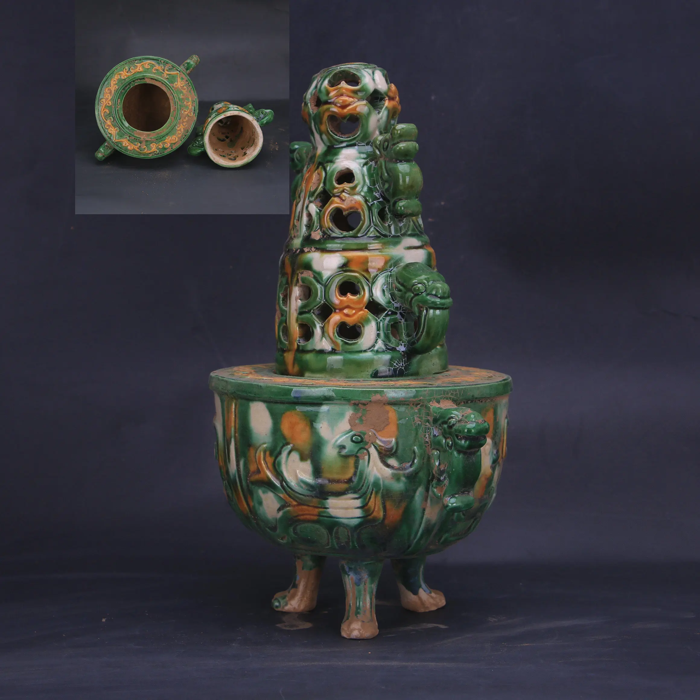 Tang Sancai Tri Color Beast Ear Hollow Three Legged Incense Burner Home Decor Collectible Gift Display