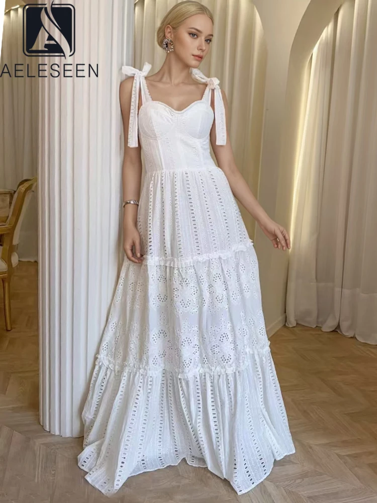 

AELESEENS Elegant White Solid Dress Women Summer Sweetheart Neckline & Bow Straps Eyelet Embroidery Ruffled Layers Party