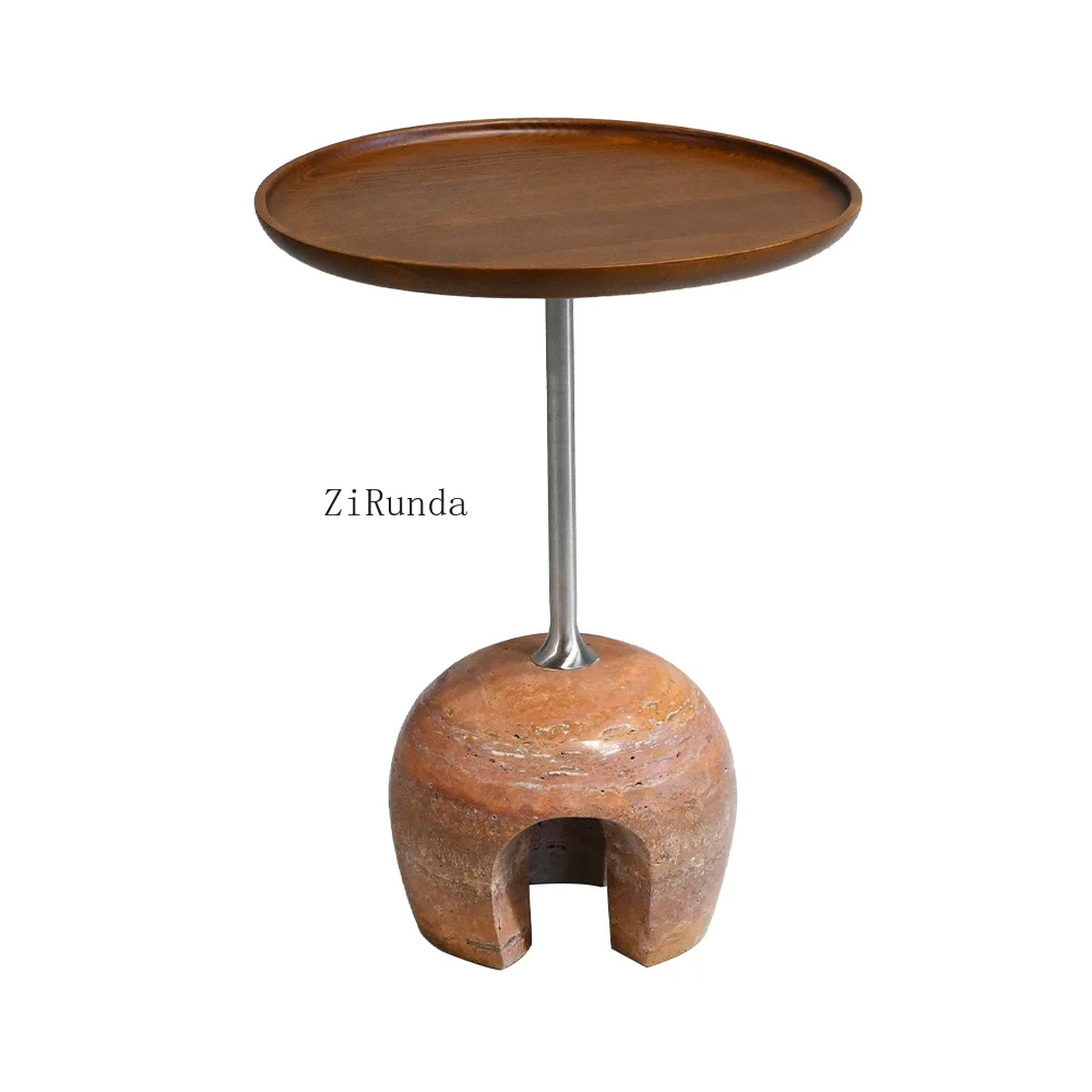 With red limestone base and metal pole support, walnut tray table top, suitable for living room and bedroom