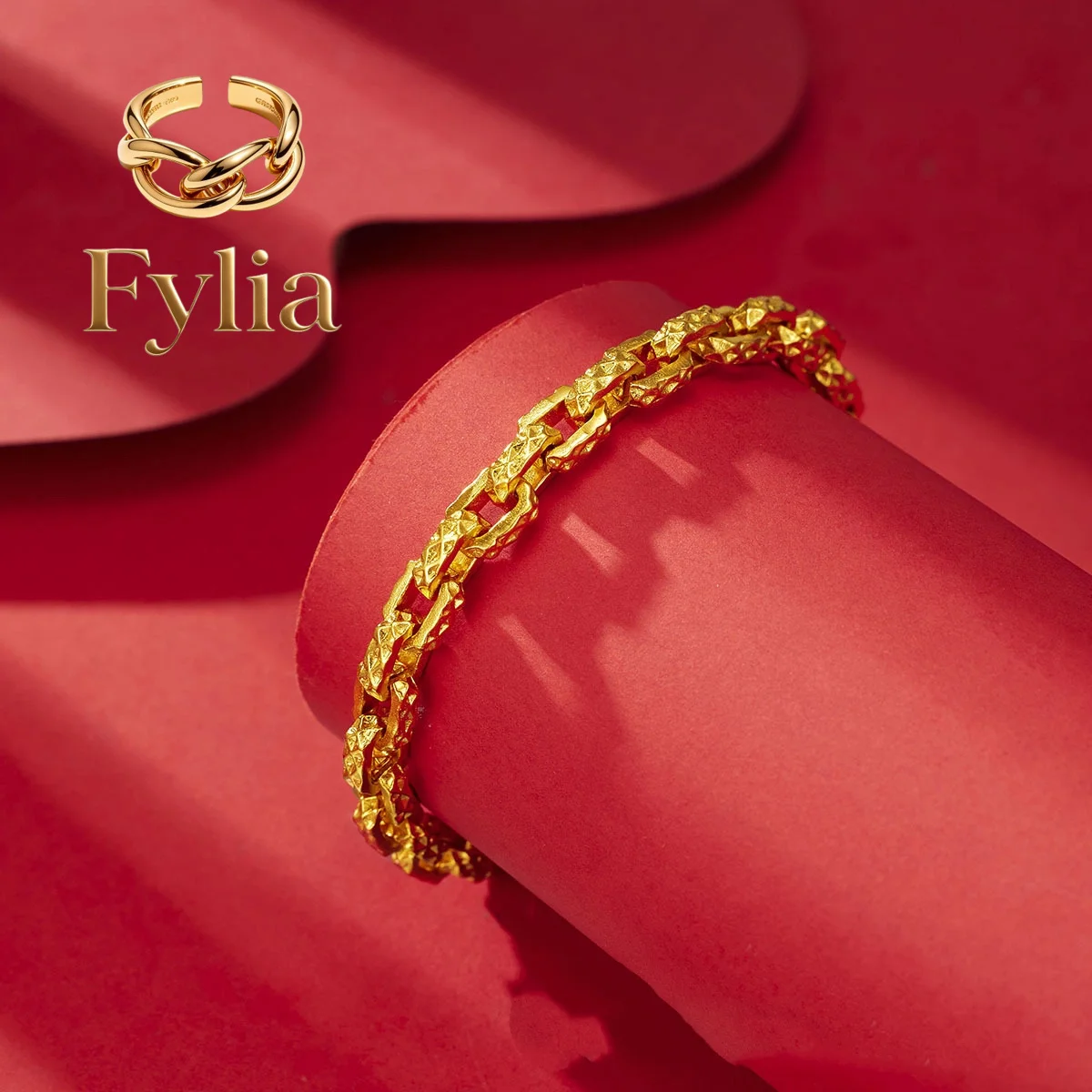 Fylia Jewelry  Luxurious fashion 24K real gold paper buckle bracelet domineering men's bracelet au9999 pure gold ring-connected