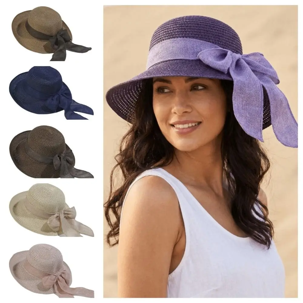 

Portable Straw Weaving Beach Hat Hollow Out Breathable Big Brimmed Woven Cap Polyester French Style Bow Fisherman Cap Hiking