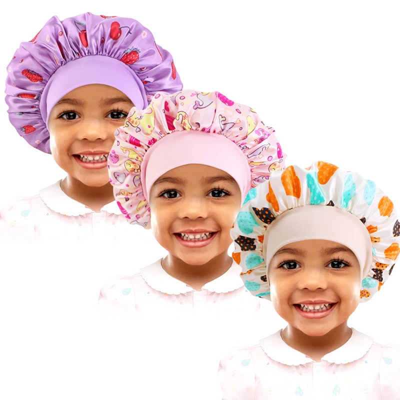 3PCS/LOT Baby Silky Satin Wide Band Bonnet Elastic Cute Headwear Kids Adjustable Hair Care Caps Nightcap Sleeping Hat Hair Cover