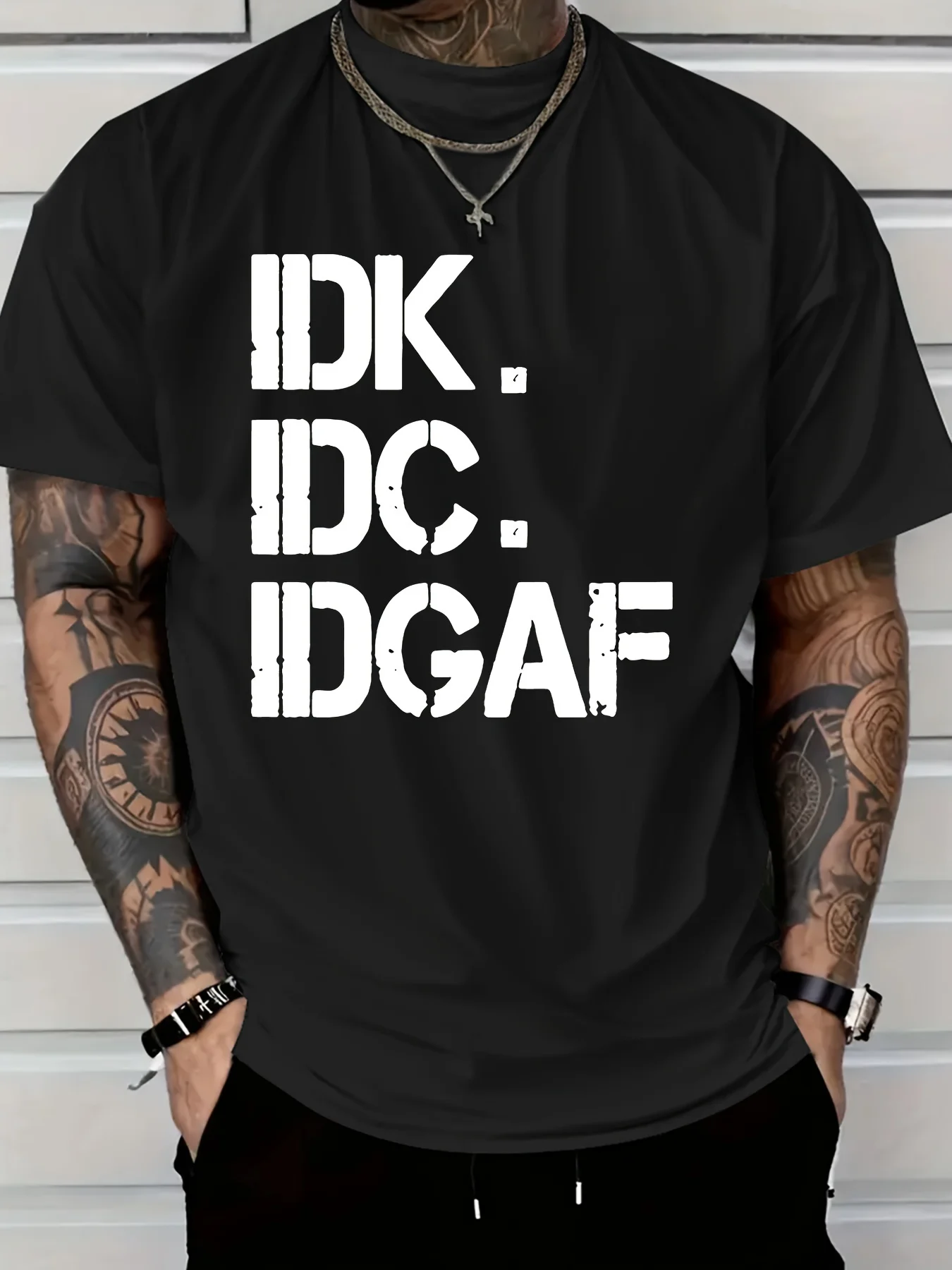 Men's Idk Idc Idgaf Graphic T-Shirt, White with Black Bold Letters, 100% Pure Cotton, Casual Crew Neck Short-Sleeve Shirt, Fun Slogan Shirt Suitable for Daily Wear and Gifts, All-Season Comfortable Fit, Street Style, Urban Fashion, Breathable Material, Lightweight Top, Unique Statement Style, Young Adult, Humor Enthusiast