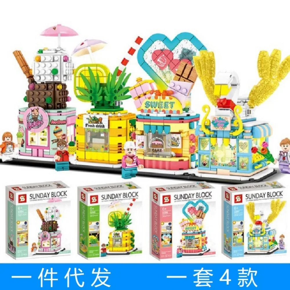 Light Street View Series Building Blocks Hair Salon Ice Cream Shop Assembling Puzzle Model Toys Desktop Decorations Holiday Gift