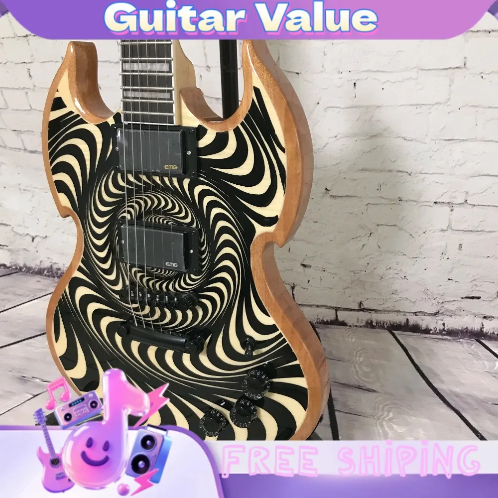 Kite Natural Wood with Black White Spiral Custom Swirl Pattern Electric GuitarHH PICKUP Optical Illusion Design Free Shipping