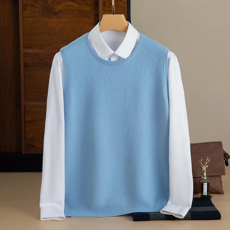 Men's Round Neck Vest in Spring and Autumn, 100% Wool Medium Thick Vest, Warm and Versatile,Fashionable