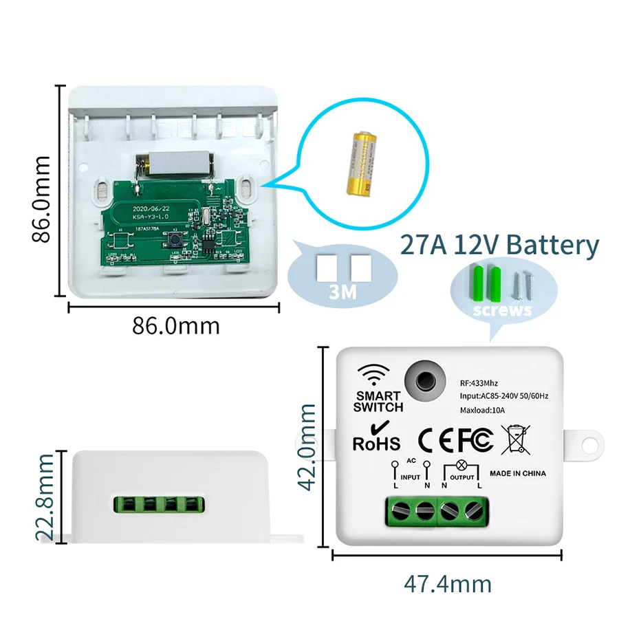 Wireless ON OFF Switch RF433 Module Remote Control Light Switch 1/2/3 Gang Wall Switch For 10A 110V 220V Chandelier Light Bulb