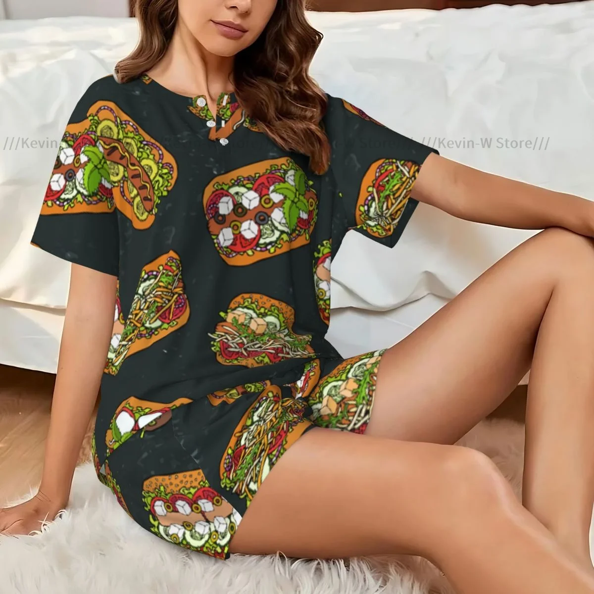 

Женская пижама с короткими рукавами и принтом «хот-дог», 2 предмета, летняя, для сна и дома