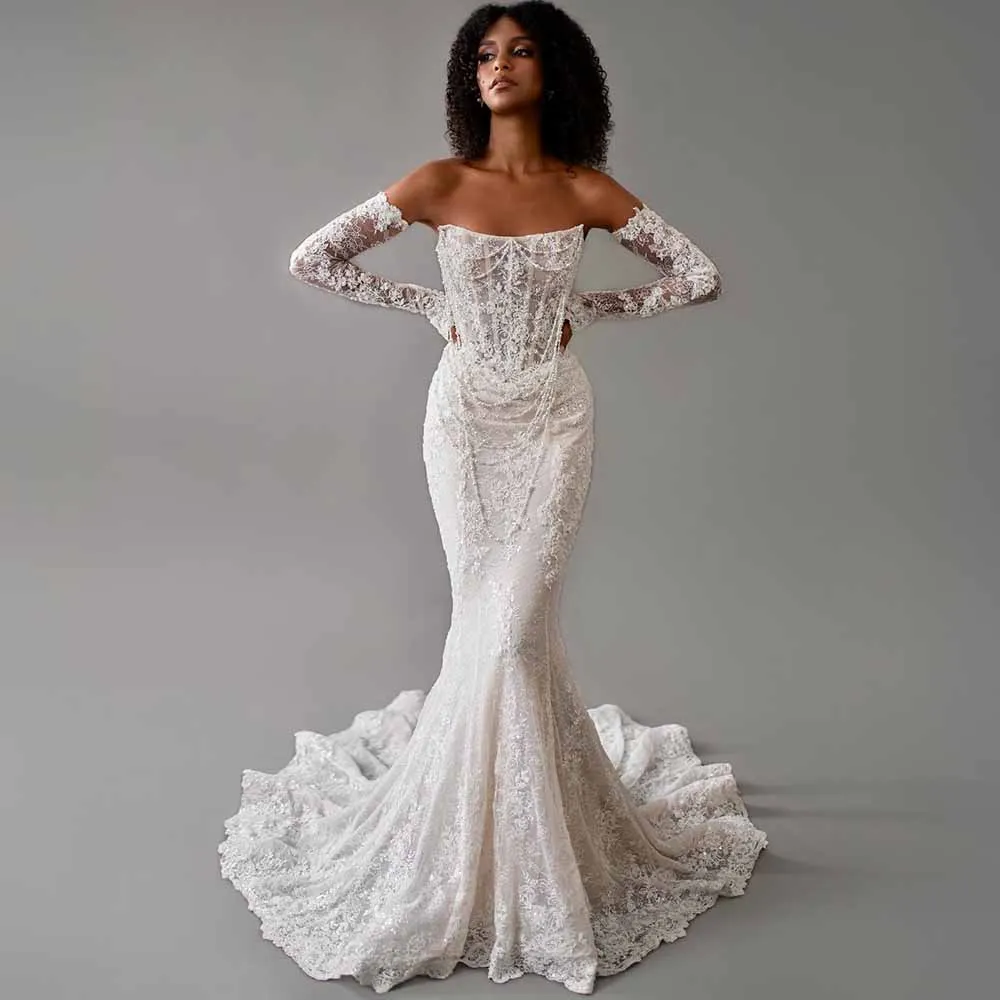 فساتين زفاف حالمة للحفلات الدانتيل حورية البحر/البوق فساتين الزفاف النساء العاج حمالة Ruched الدانتيل فساتين نسائية الاتجاه