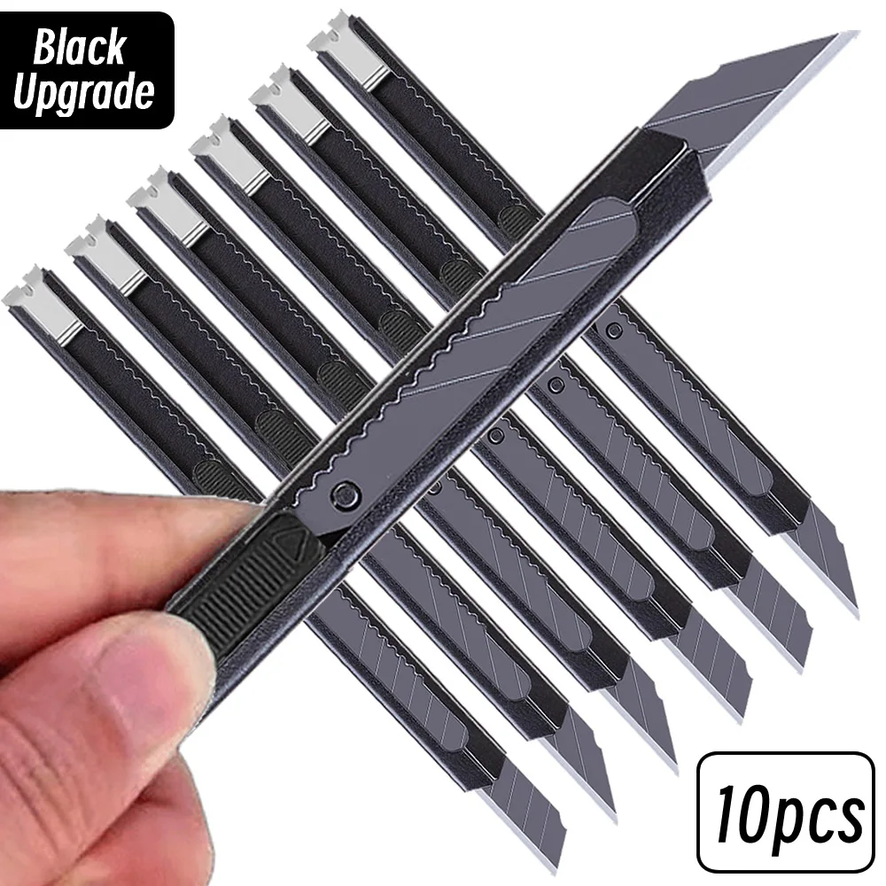 10Pcs Black Utility Knife Stainless Steel Paper Cut Box Cutter Tools Kit Non-Slip Blades Unboxing Knife Handicraft Carving Tools