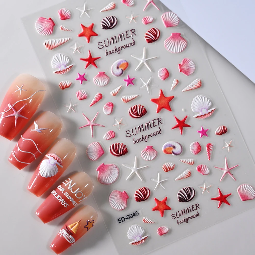 5D Relief Beach Shell Nail Art Sticker 8*10CM Embossed Colorful Shell-Adhesive Decals  Pearl Conch Jelly Star Shell Slider &*&