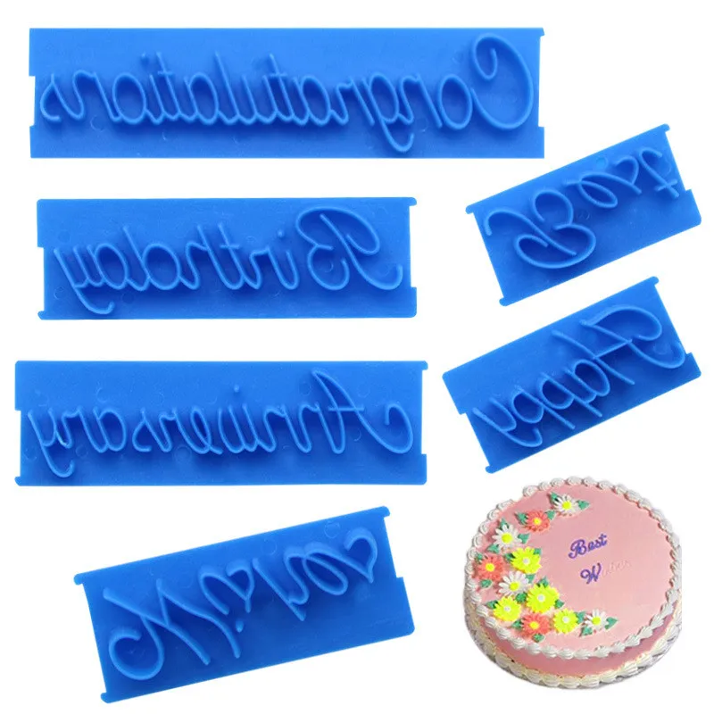 6PCS Food Plastic Cake Baking Decoration Handwritten Happy Birthday Best Wish Anniversary Phrase Letter Seal Sugar Turning Mold