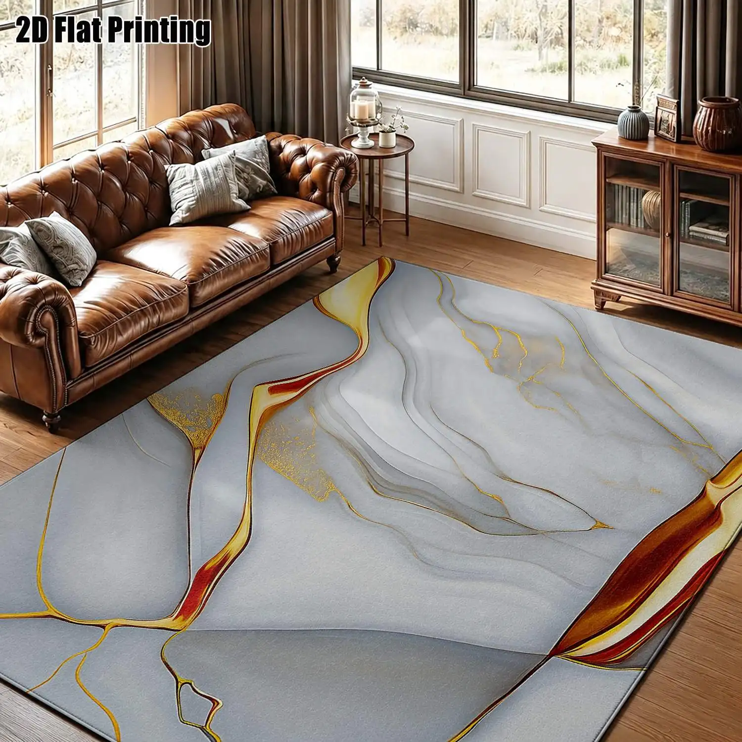 1Pc 2D Printed Carpet: Gray-White & Gold Abstract Art, Nordic/Instagram Modern Minimalist Style, Multi-Size Machine-Washable Floor Mat for Entryway, Dining Room, Foyer, Study, Living Room Home Decor