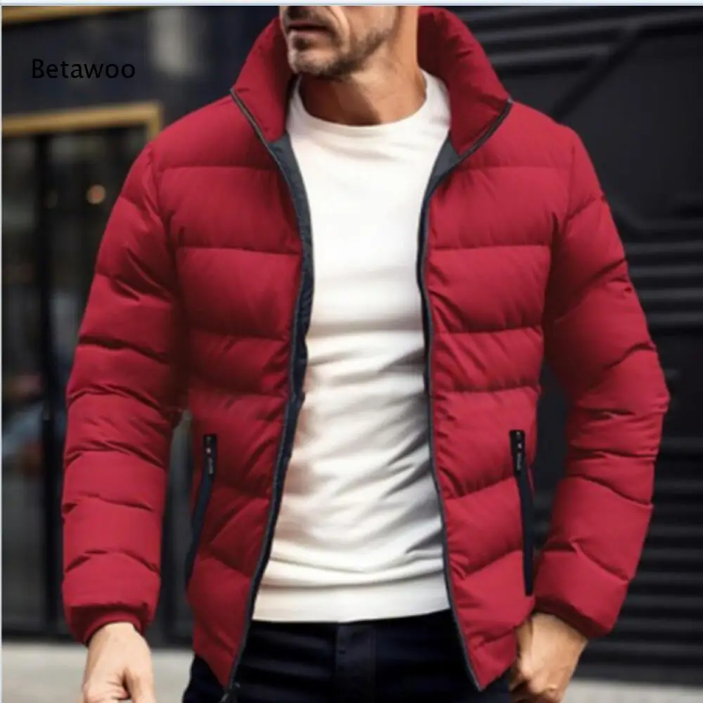 Mens Loose Winter Outerwear Stand Collar Contrast Color Zipper Puffer Jacket Long Sleeve Warm Zip Up Coat For Cold Weather
