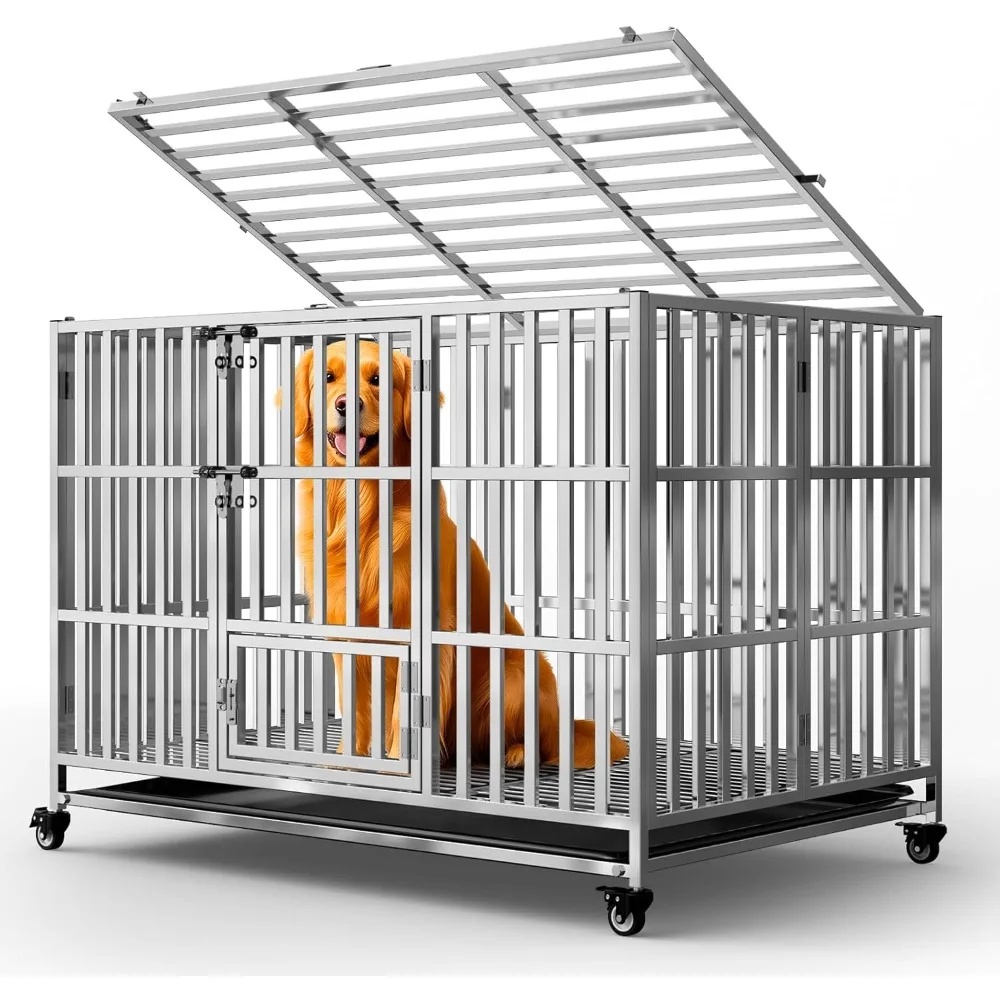 

48" Heavy Duty Dog Crate, Escape Proof XL Stainless Steel Dog Kennel with Top Opening, 4 Lockable Wheels, Metal Dog Cage