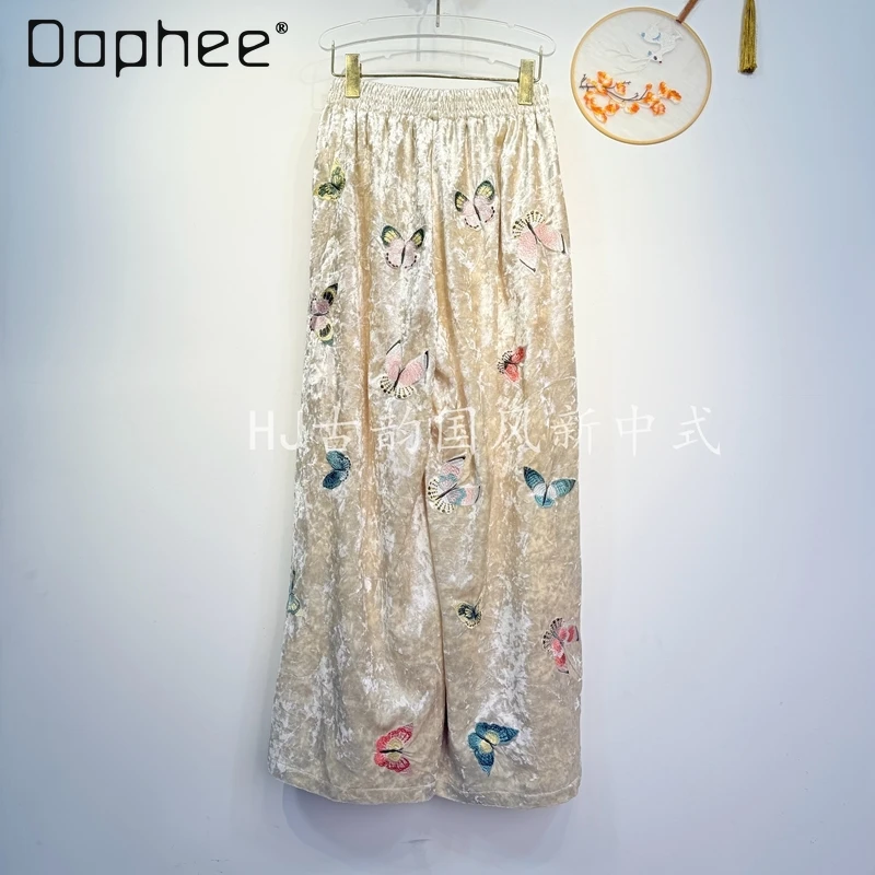 New Chinese Style Elastic Waist Heavy Embroidery Butterfly Velvet Wide Leg Pants Winter New Elegant Temperament Straight Pants