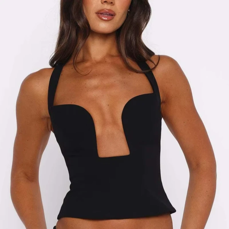 Solid Color Sexy Spice Girl Openwork Backless Slim Shoulder Strap Vest Retro Classic Trend Navel Sleeveless Top Women's Dress