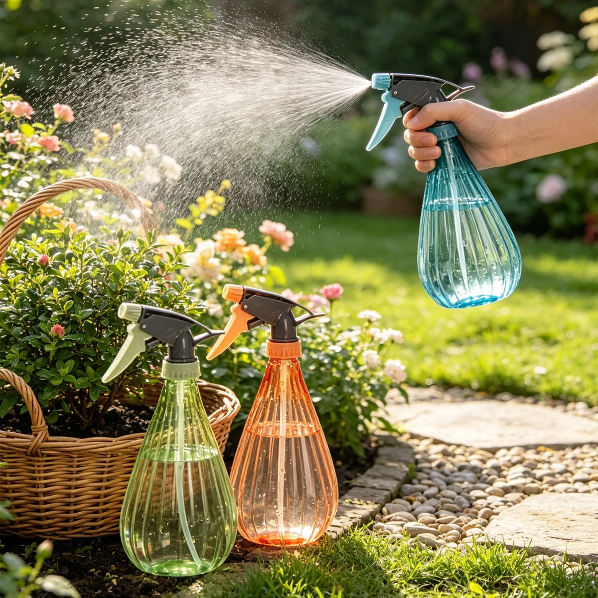 Random Color Clear Ribbed Spray Bottle,600ml Large Capacity Adjustable Nozzle Handheld Water Sprayer,Watering Plants,Home Clean