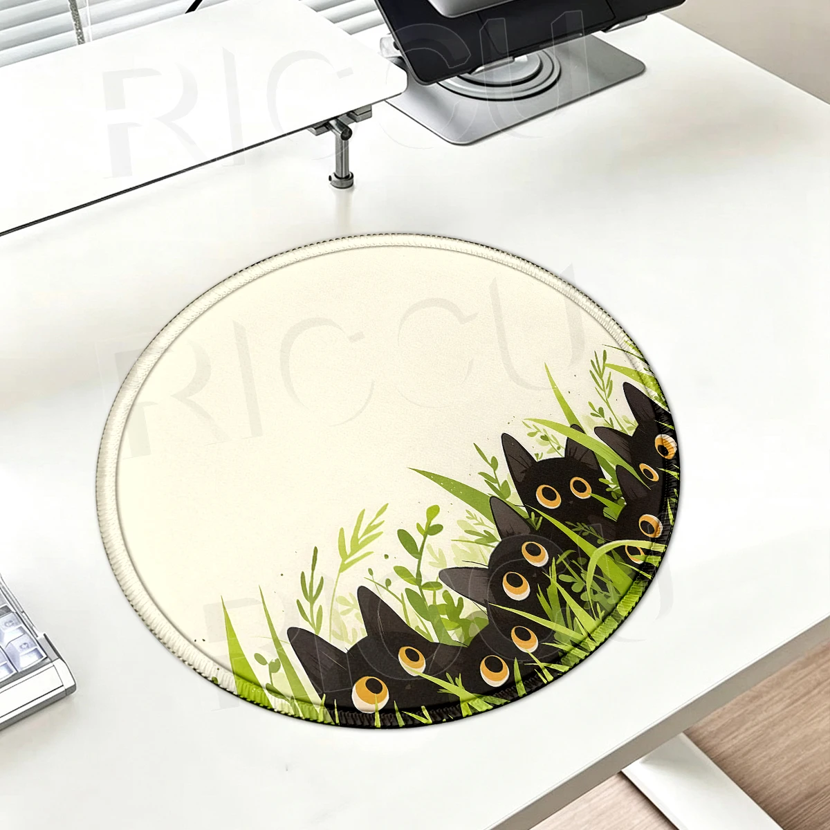 Ronde muismat Leuke zwarte kat bureaumat Groene plant rubberen muismat Esthetisch bureauaccessoire voor kantoorlaptop Computertafelmat