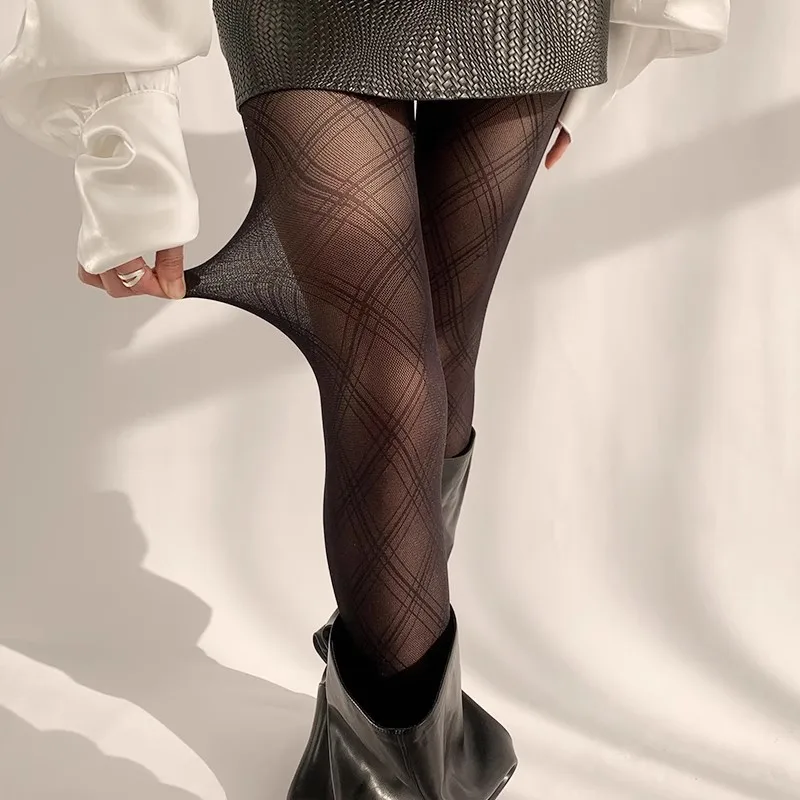 Women Black Diamond Checkered Transparent Tight Fitting Pantyhose With Diamond Pattern Transparent Lolita Role-Playing Stockings