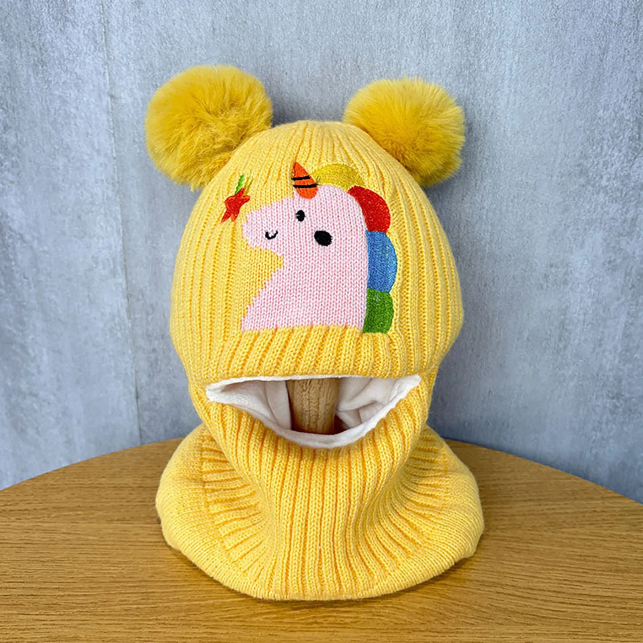 Kids One-Piece Scarf Knit Hat Winter Warm Children Ear Protection Cap Baby Plush Ball Beanie 2-10Year Boy Girl Wool Neckerchief