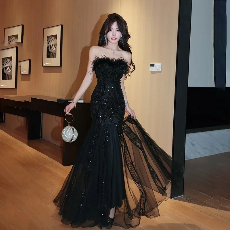 

2025 new summer Elegantes Strapless Feather Neck Mermaid Lace Skirt Banquet GownRetro Women's Evening Dresses Light Luxury