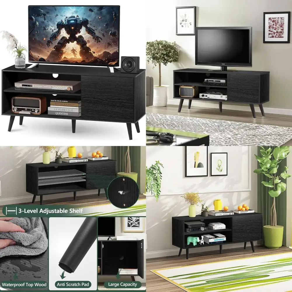 Modern Black Wood 55 Inch TV Stand with Storage Cabinet for Bedroom, Contemporary Entertainment Center for Off-TV Area