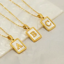 Stainless Steel Square White Shell 26 Alphabet Necklace A to Z Initals Pendant for Women Girls Men Jewelry Bullk Sale