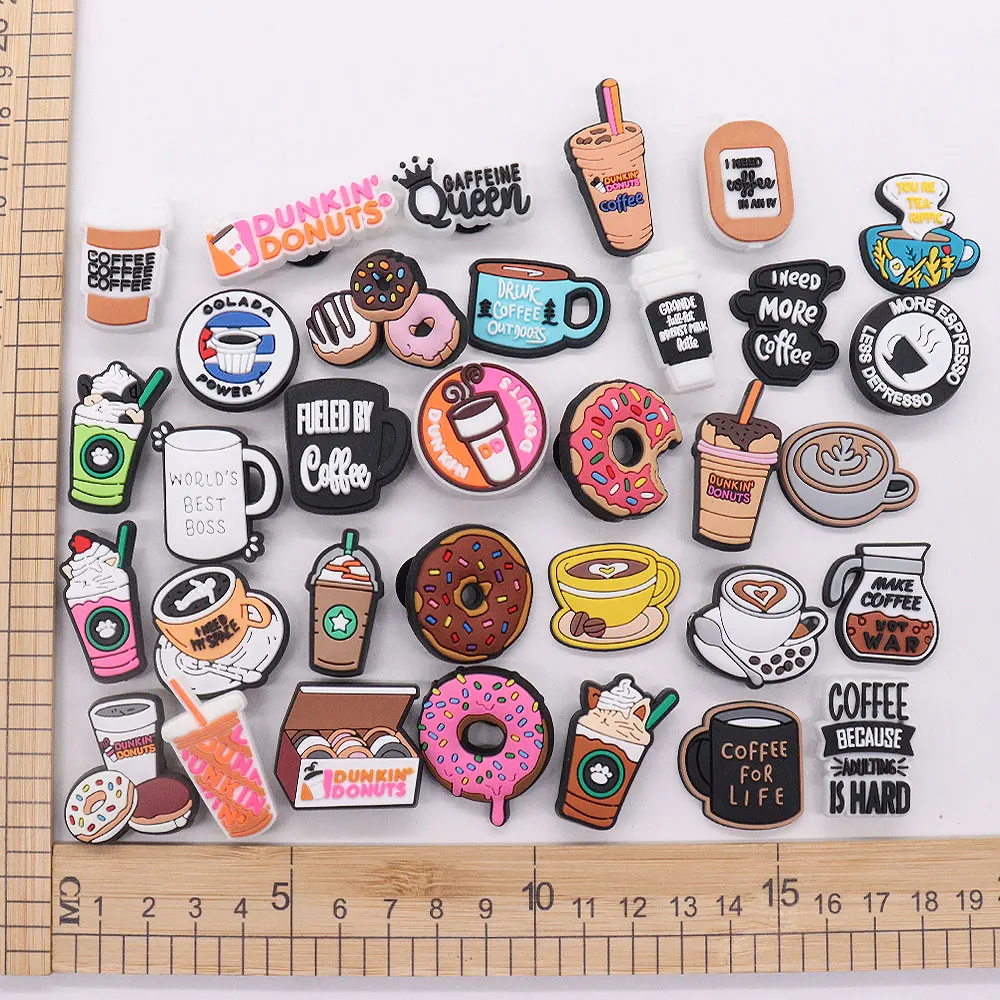 Mix 50pcs PVC Shoe Charms Food Donuts Best Boss Caffeine Queen Make Coffee Not War Sandals Shoes Decoration Slipper Accessories 