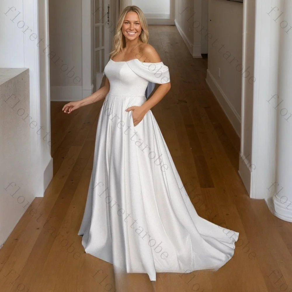 Customized Modern Satin Off The Shoulder Wedding Dresses Elegant Cap Sleeves Large Size Bridal Gown Custom Plus Size Women Gowns