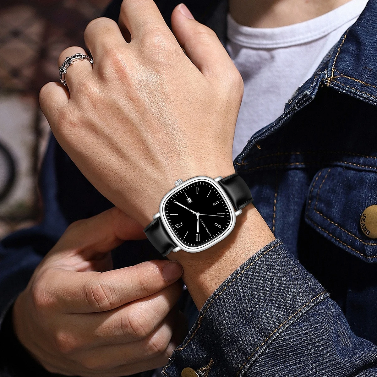 ساعة هانا مارتن للرجال 3Bar مقاومة للماء من الجلد الأسود المربع بحركة كوارتز ساعة عمل كاجوال دروبشيبينغ