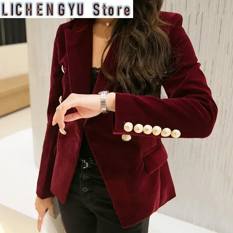 Fashion Brand Spring Women Slim Velvet Blazer Jacket Double Breasted Simple Lady Blazers High Grade OL Clothing