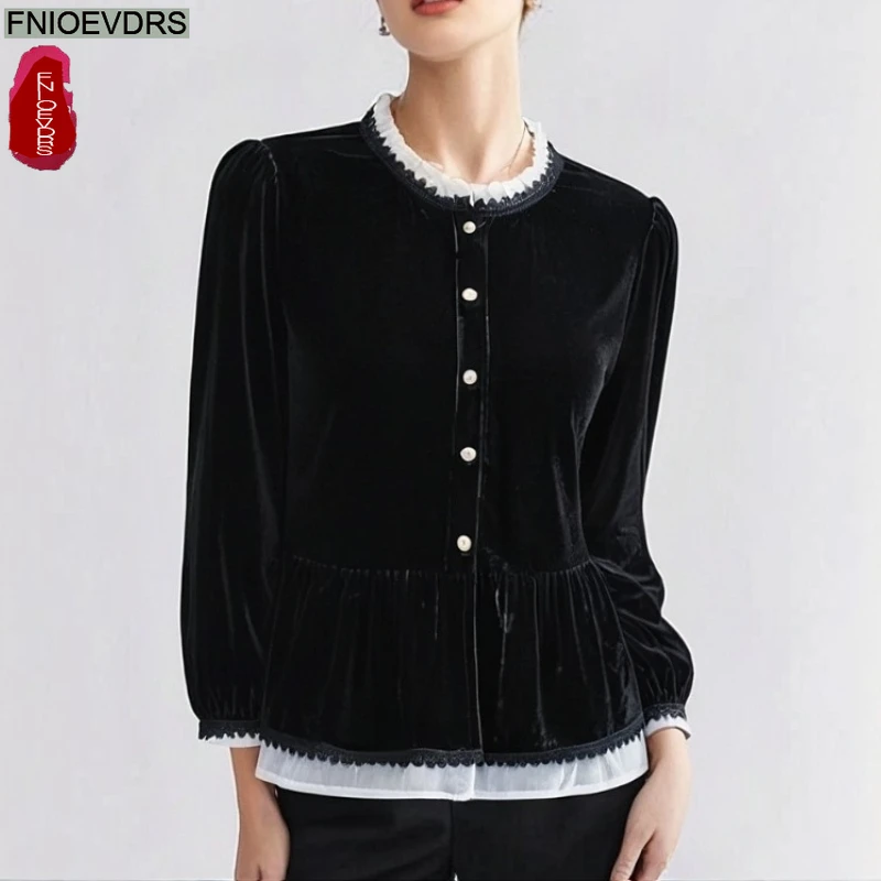 

Black Velvet Peplum Tops Blouses Autumn Winter 2025 Fashion Women Euroepan Office Lady Solid Ruffles Retro Button Basics Shirts