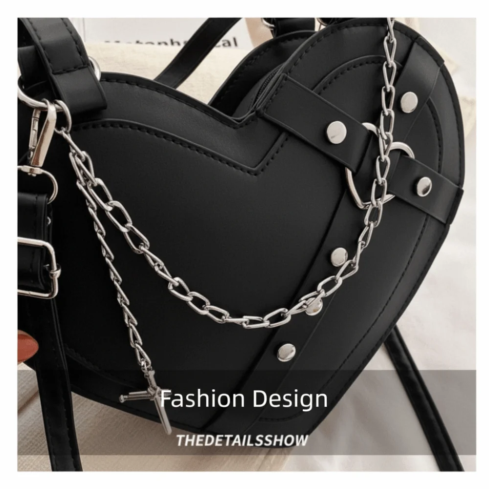 

Y2K PU Leather Black Shoulder Bag Chain Rivet Large Capacity Women Crossbody Bag Heart Shaped Portable Handbag Ladies